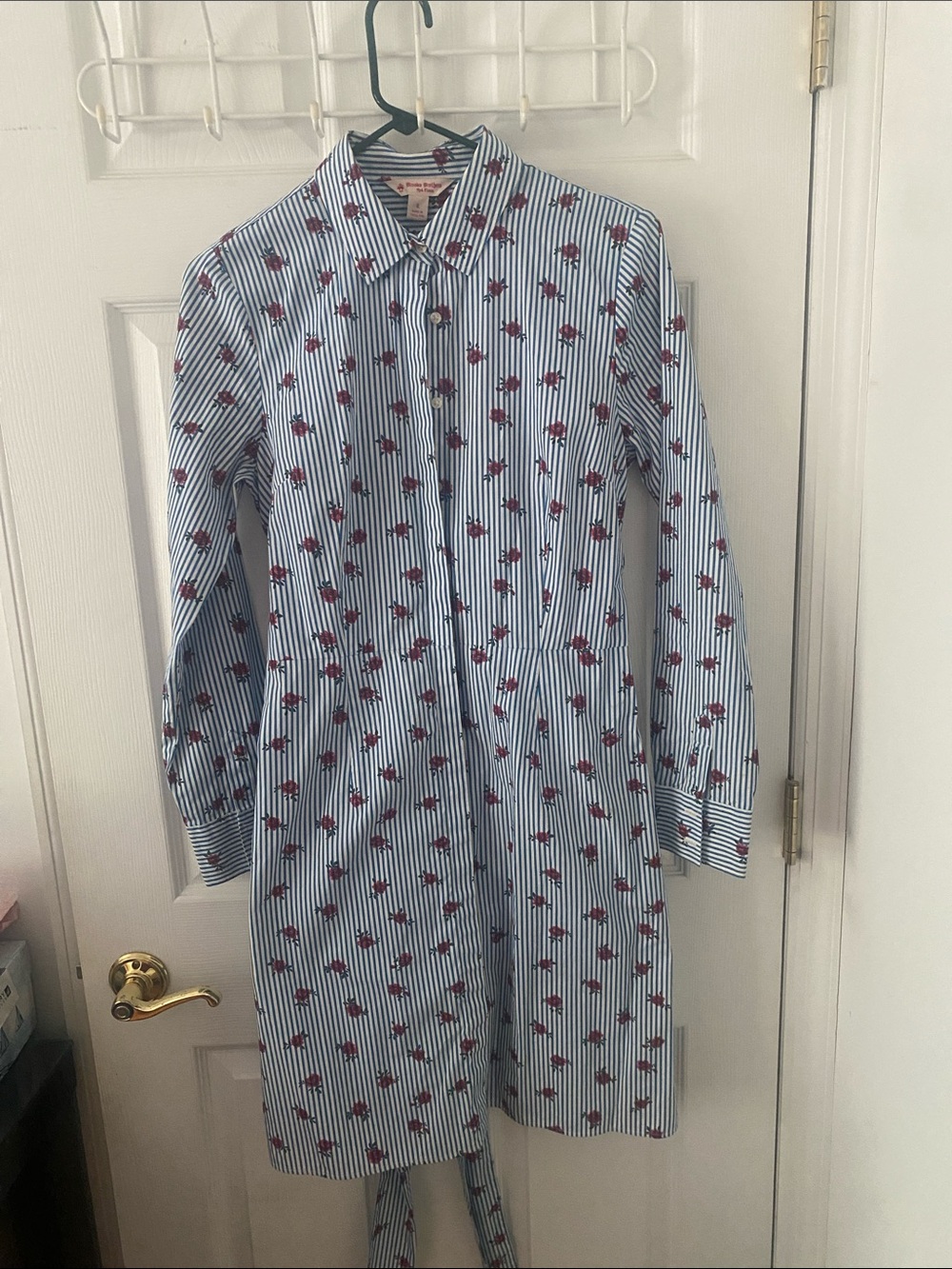 Brooks Brothers Light Blue & white Striped Button-Down dress w Red Flowers 8 - Picture 2 of 5